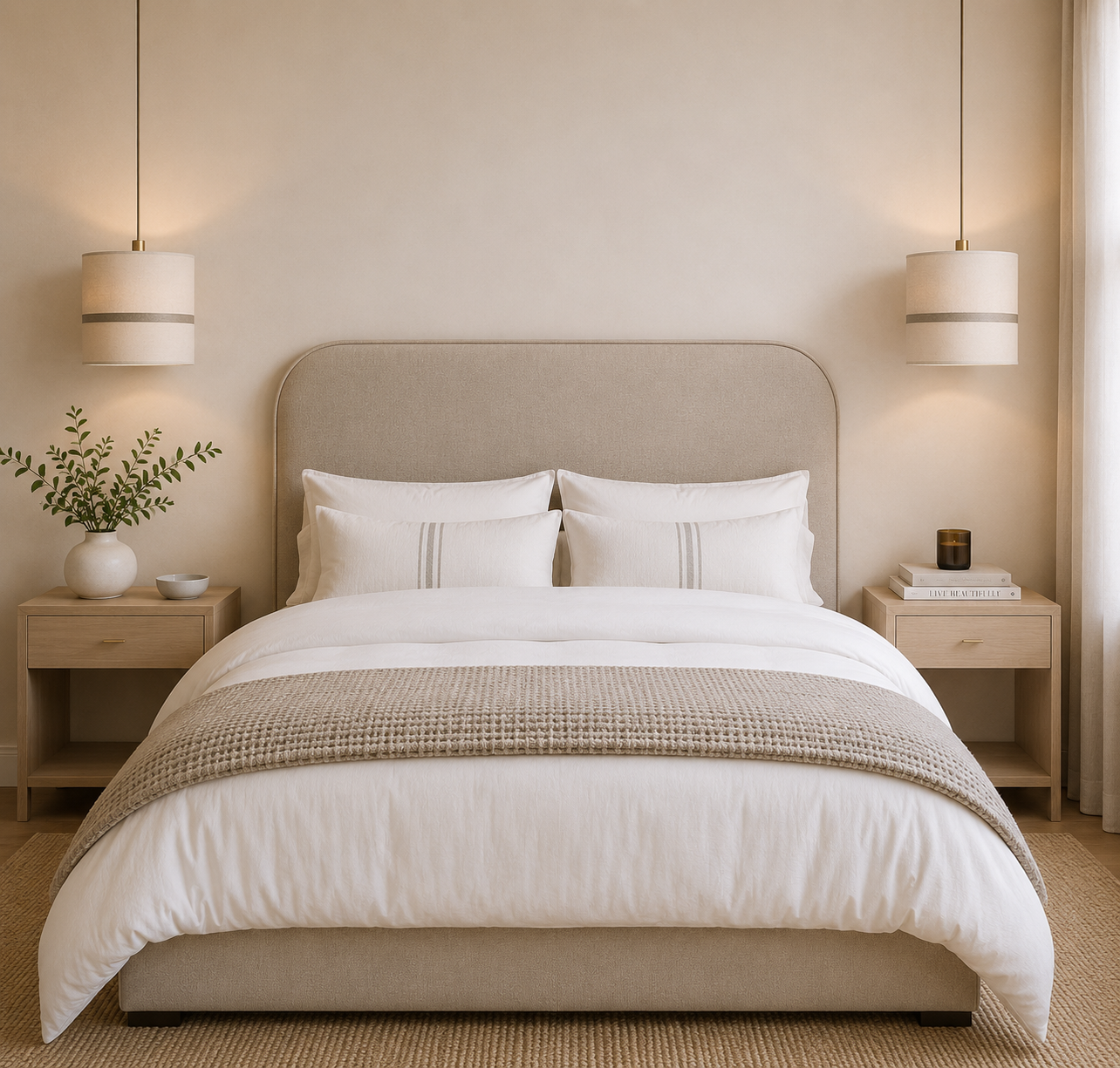 Dormitorio con cabecero tapizado curvo en lino beige