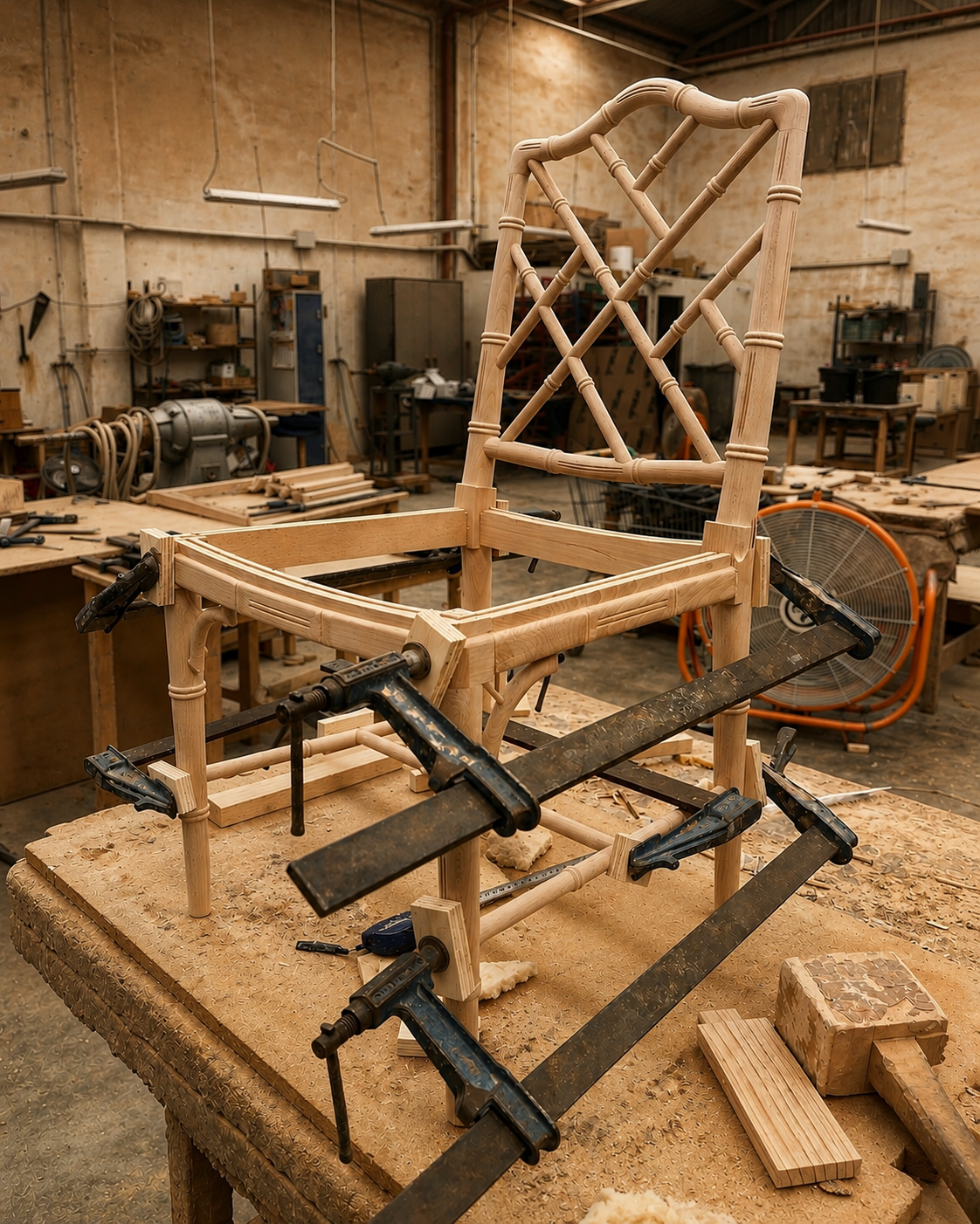 Estructura de silla Chippendale en crudo con mordazas en el taller de Tapizados Burmar