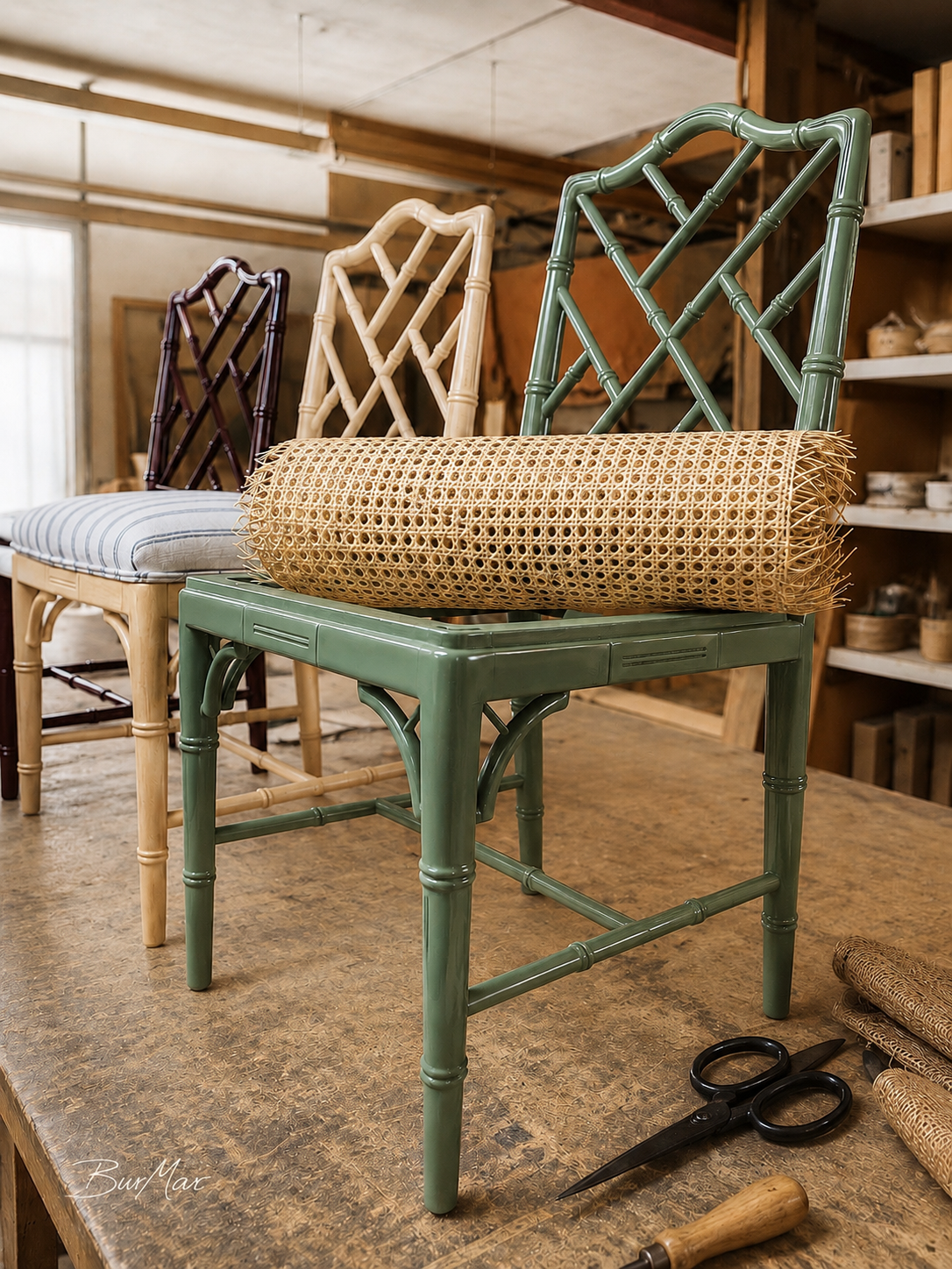 Rejilla natural de bambú y sillas Chippendale en distintos acabados