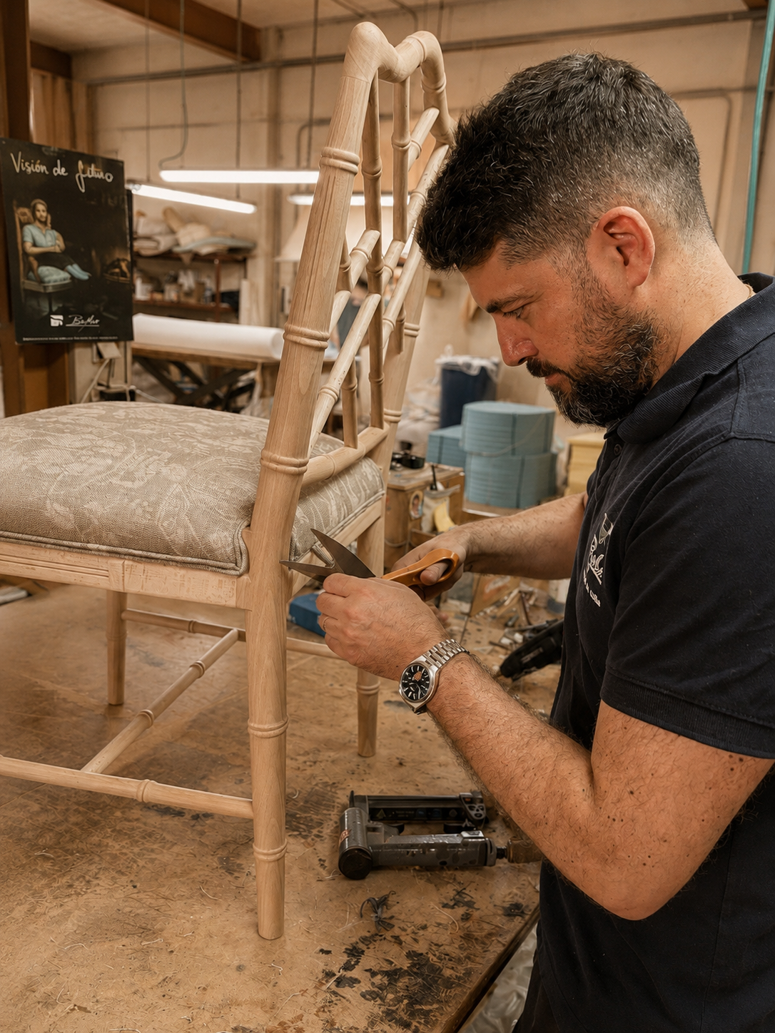 Artesano de Tapizados Burmar trabajando una silla Chippendale a mano